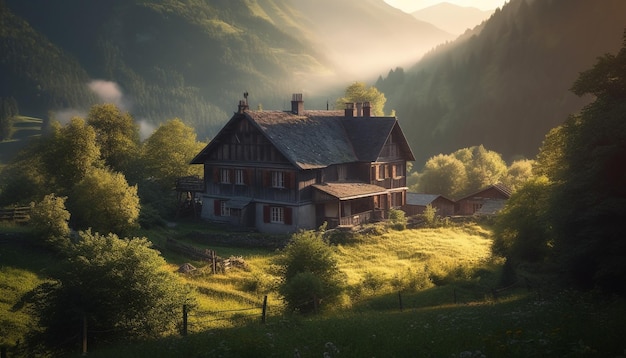 Capilla rústica en la cima de una montaña al atardecer generada por IA