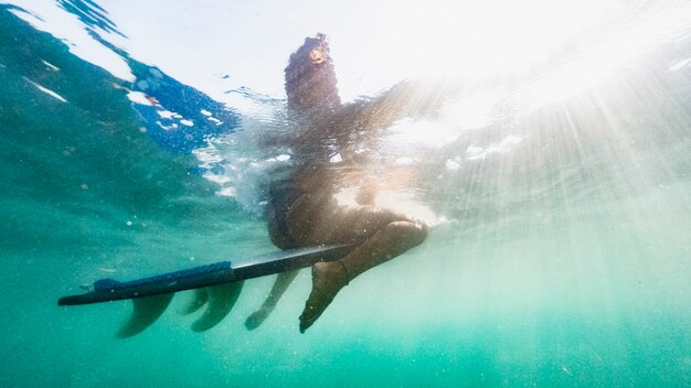 Captura bajo el agua de mujer con tabla de surf