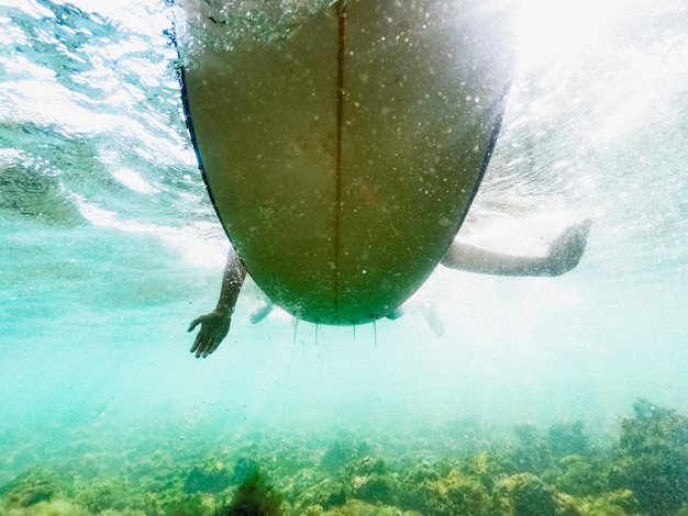 Captura bajo el agua de mujer con tabla de surf