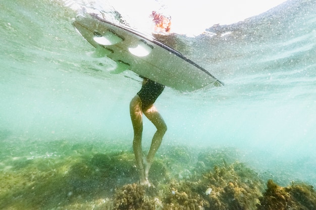 Foto gratuita captura bajo el agua de mujer con tabla de surf