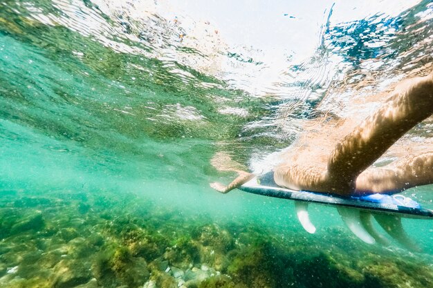 Captura bajo el agua de mujer con tabla de surf