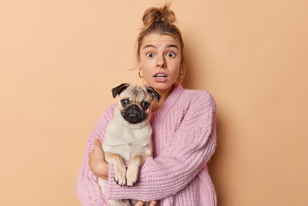 Captura de pantalla de una mujer europea asustada con el pelo peinado que sostiene un perro pug que lleva un cachorro favorito que usa un suéter de punto aislado sobre un fondo marrón ama mucho a la mascota. Concepto de animales domésticos.