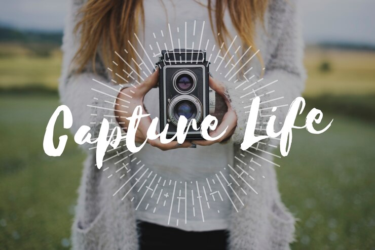 Foto gratuito capture la vida a través de la superposición de palabras de fotografía de lentes