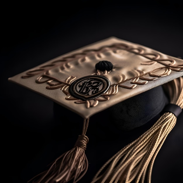 Foto gratuita capucha de graduación con cinta dorada sobre fondo negro profundidad de campo poco profunda