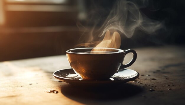 Capuchino humeante en una mesa de madera rústica generado por IA