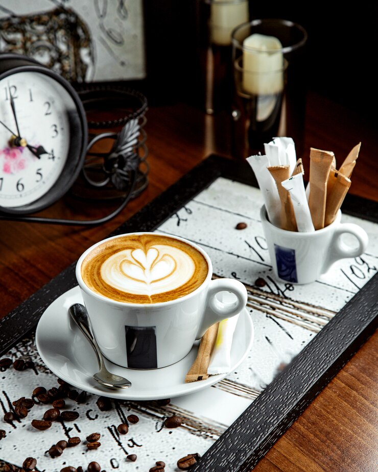 Foto gratuito capuchino con imagen de flores sobre la mesa