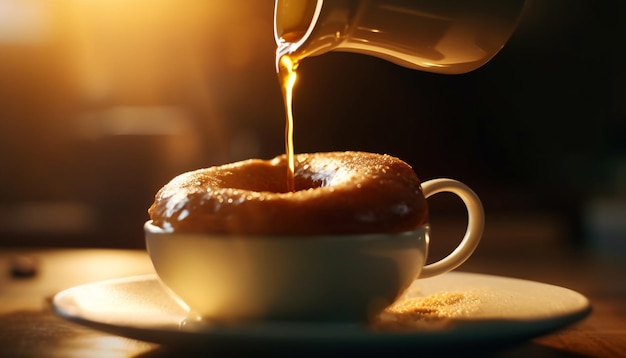 Capuchino recién vertido en una mesa de madera vapor generado por IA