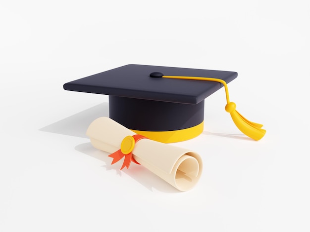Capuchón de graduación de renderizado 3D con certificado de diploma