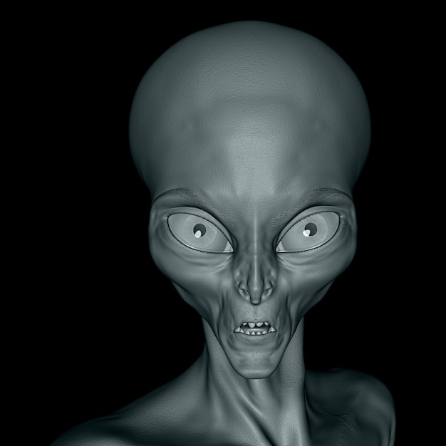 Cara alienígena 3D de cerca sobre un fondo negro