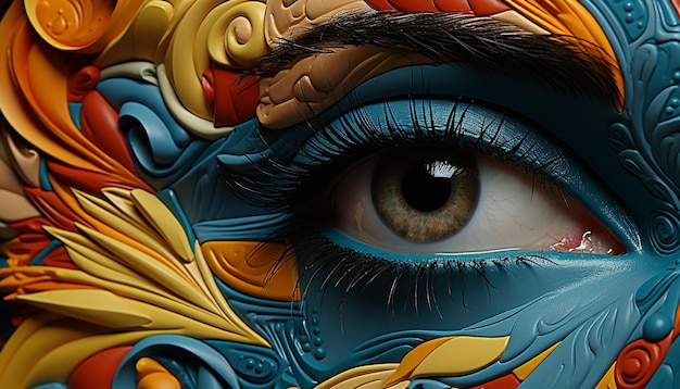 Foto gratuita cara de mujer de belleza abstracta decorada con plumas coloridas generadas por inteligencia artificial