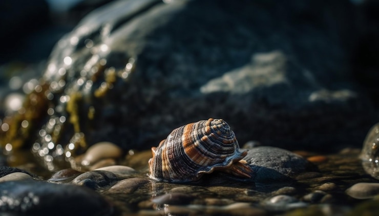Foto gratuito caracol baboso arrastrándose sobre un guijarro verde húmedo generado por ia