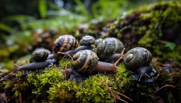 Caracoles en una superficie cubierta de musgo con un fondo verde