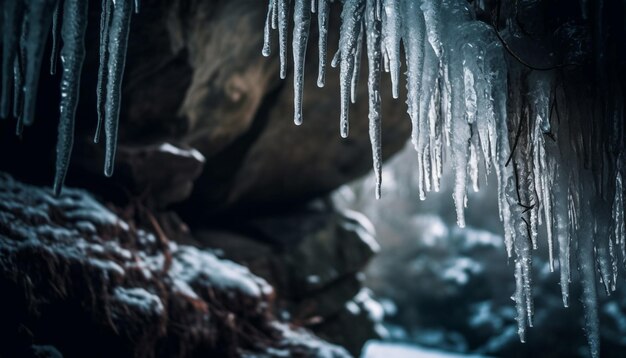 Carámbanos congelados colgando en el frío paisaje invernal generado por IA