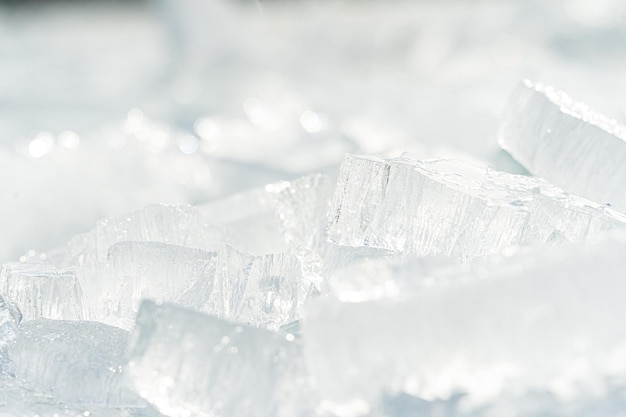 Foto gratuita carámbanos de hielo transparente brillante en la orilla del lago salvaje congelado en la luz del atardecer