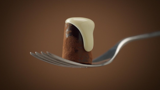 Un caramelo de chocolate en un tenedor cubierto de crema blanca cayendo lentamente