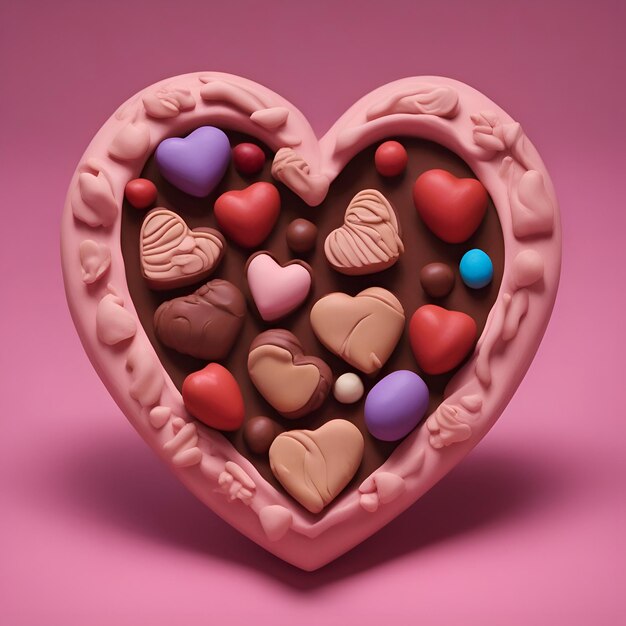 Caramelos de chocolate en forma de corazón sobre fondo rosa ilustración 3d