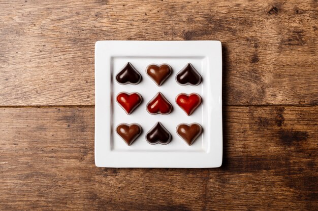 Caramelos de chocolate en plato blanco sobre madera