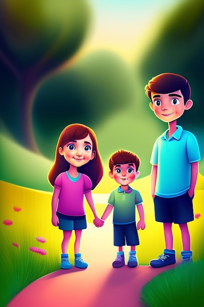 Foto gratuita una caricatura de una familia con un niño y una niña tomados de la mano.