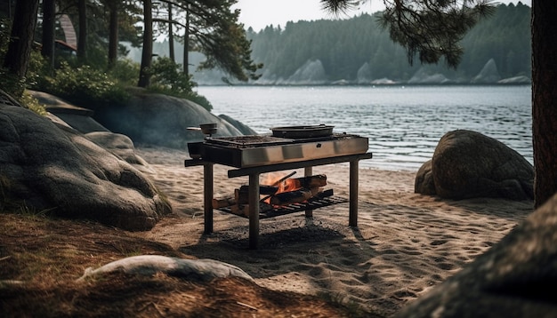 Carne a la brasa en una fogata tranquilidad otoñal generada por IA