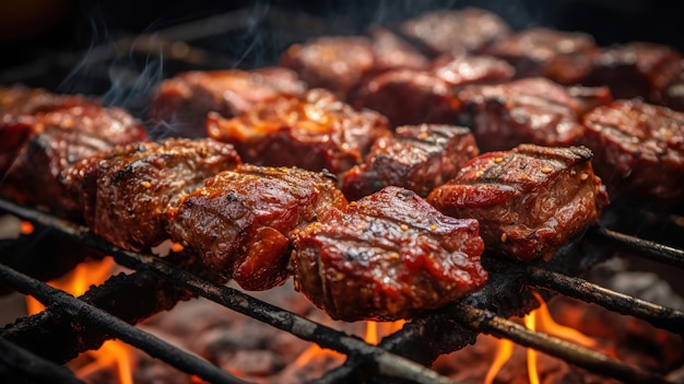 Carne colgando de pinchos en la parrilla