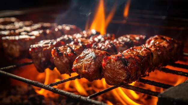 Carne colgando de pinchos en la parrilla