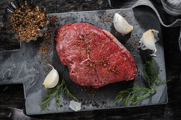 Carne cruda con especias en superficie oscura. Listo para cocinar.