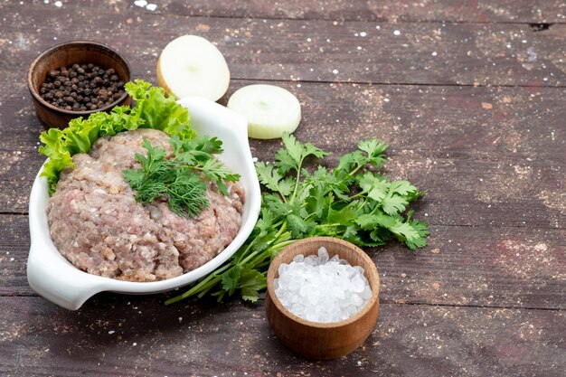 Foto gratuita carne cruda picada con verduras dentro de la placa con cebolla sal en marrón