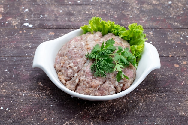 Carne cruda picada con verduras dentro de la placa marrón