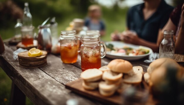 Carne a la parrilla bebidas frescas amigos sonriendo juntos generados por IA