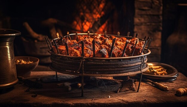 Carne a la parrilla en brochetas cocinadas sobre fuego generado por IA