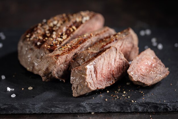 Carne a la parrilla cocida frita con especias cortadas en rodajas servidas en pizarra oscura Primer plano