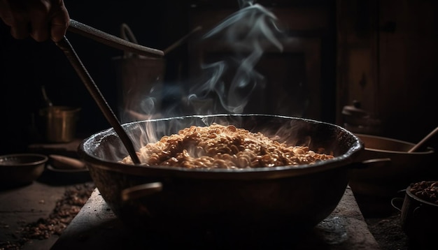 Carne a la parrilla cocinada en una estufa de acero generada por IA