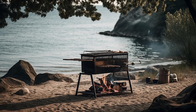 Foto gratuita carne a la parrilla cocinando a fuego abierto al aire libre generada por ia