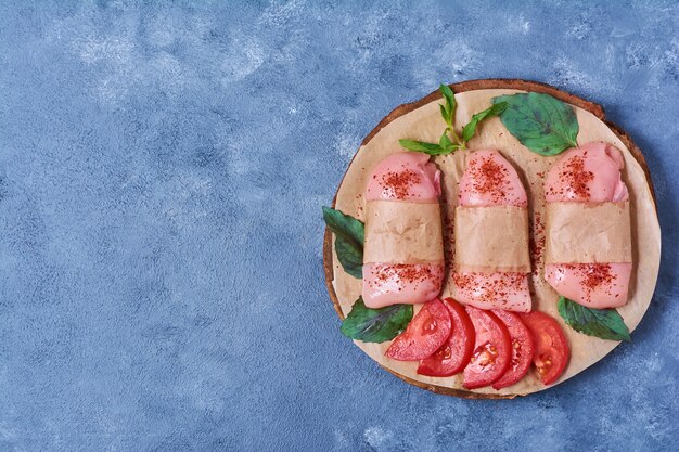 Carne de pechuga cruda con especias sobre una tabla de madera en azul