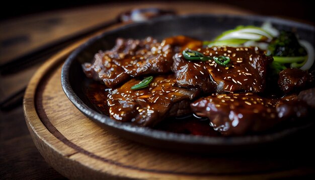 Carne recién asada en un plato de madera generado por IA