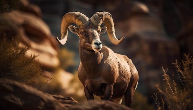 Carnero de Bighorn pastando en un paisaje de puesta de sol de pradera de montaña generado por IA