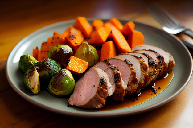 Carnes y verduras a la brasa en plato gourmet IA generativa