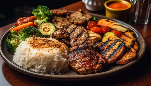 Carnes y verduras a la parrilla en brochetas rústicas generadas por IA