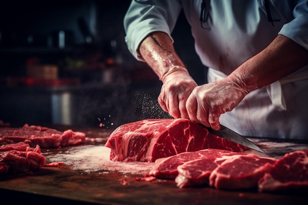 Un carnicero cortando carne fresca en pedazos de cerca