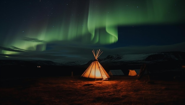 La carpa iluminada brilla bajo la majestuosa noche estrellada generada por IA