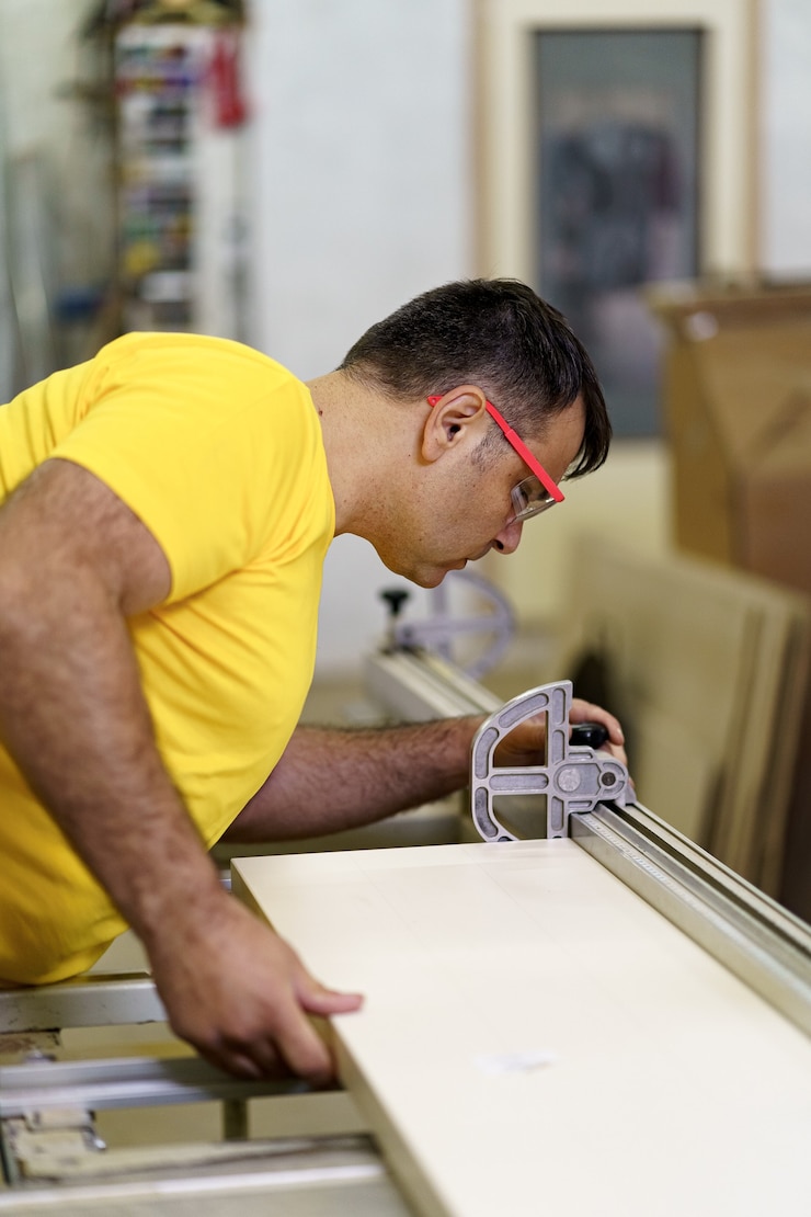 Foto gratuito carpintero cortando un trozo de madera para muebles en su taller de carpintería, usando una sierra circular y usando gafas de seguridad.