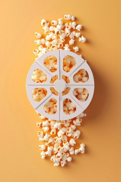 Foto gratuita un carrete de película de cine 3d con palomitas de maíz