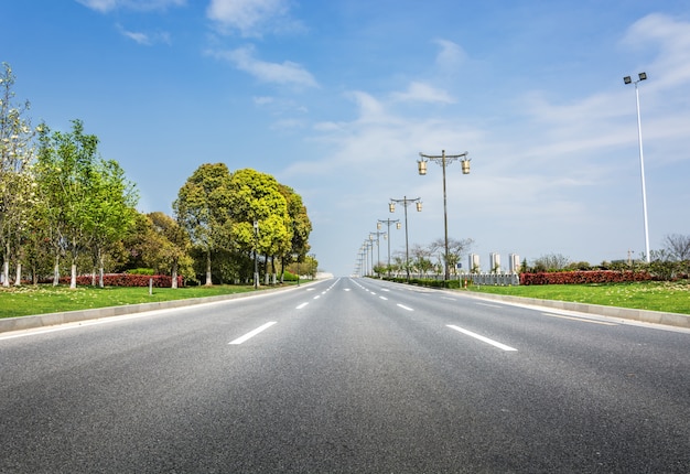 Foto gratuita carretera de asfalto con árboles y farolas