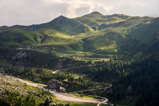 Carretera con curvas hasta la montaña rodeada de árboles durante el día