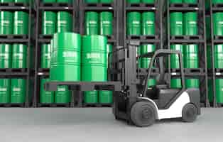 Foto gratuita una carretilla elevadora está levantando barriles de petróleo hechos en arabia saudita en un almacén
