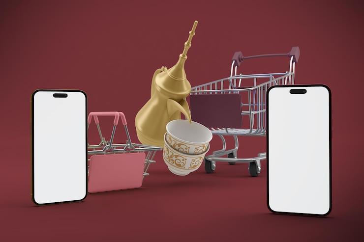 Foto gratuito carrito de la compra eid y parte delantera de los móviles