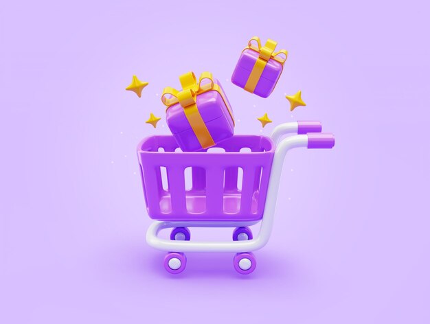 Carrito de compras con icono de caja de regalo promoción descuento venta recompensa pago comercio electrónico compras en línea ilustración 3D