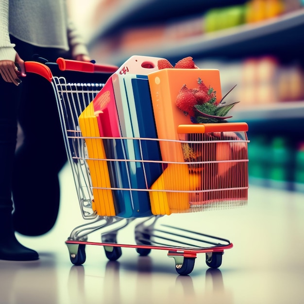 Un carrito de compras con un montón de libros