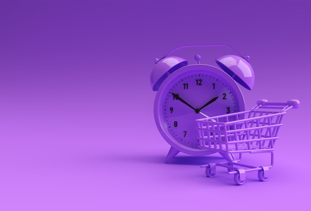 Foto gratuita carrito de compras por tiempo limitado con reloj despertador retro aislado en un fondo amarillo de renderizado 3d