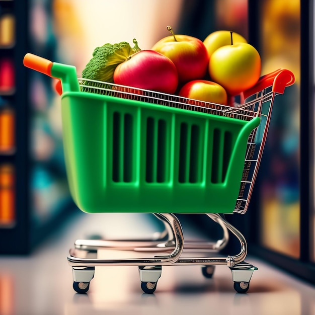 Un carrito de compras verde con manzanas y naranjas.